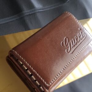 Gucci Brown Leather Key Case With White Stitching Silver Hardwear